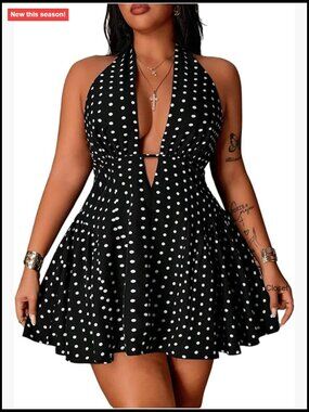 Plus Size Halter Mini Dress Polka Dots Ruffle A Line Club Dress